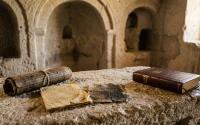 Taş bir iç mekânda Kutsal Kitap ile eski elyazmalarını gösteren temsili görsel