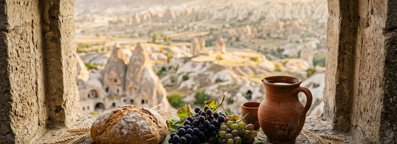 Şükrü çağrıştıran ekmek, üzüm, başaklar ve kil sürahi; arkada Kapadokya vadisi