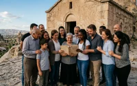 Efesliler 2’deki kilise birliğini simgeleyen görsel: Kapadokya taş yapısı önünde açık Kutsal Kitap çevresinde duran Hristiyan topluluğu
