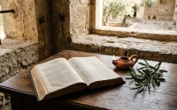 Mezmurlarla duayı çağrıştıran açık Kutsal Kitap, kil kandil ve zeytin dalı