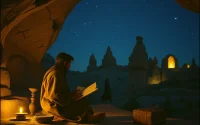 Kayalık bir mekânda gece ışığında kitap okuyan kişiyi gösteren temsili çizim